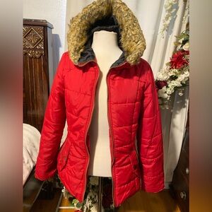 Celebrity Pink Red Quilted Puffer Jacket with Faux Fur Trim Hood